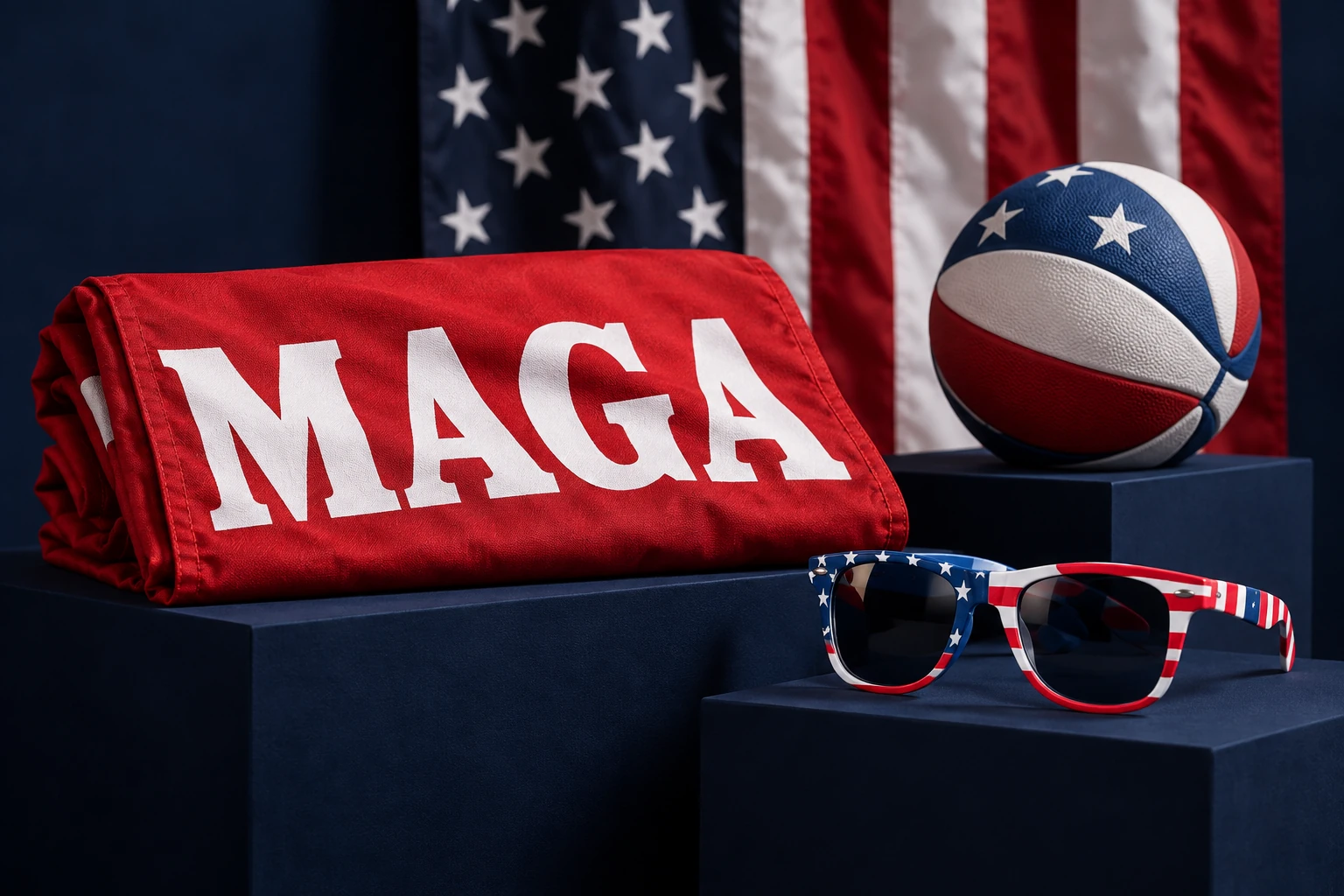 Illustrative artwork of MAGA merchandise, an American flag, sunglasses and a red, white and blue ball