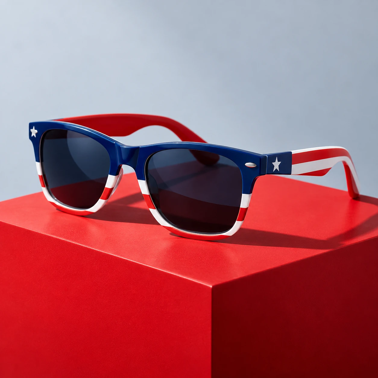 Illustrative artwork of red, white and blue sunglasses